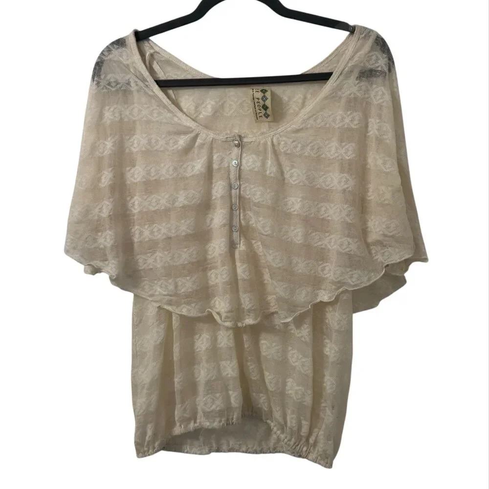 Free People Womens Top‎ Small Cream Lace Coastal Boho Siren Semi Sheer Romantic